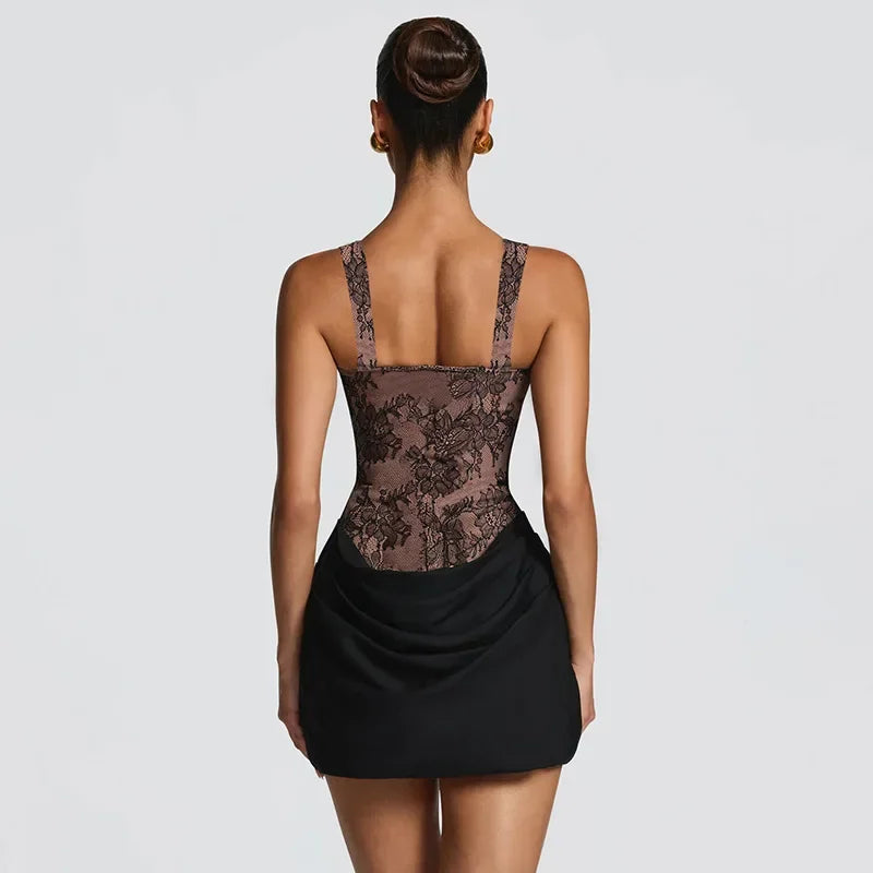 Sexy Lace Patchwork Corset Top Ruched Mini Skirt Dress Slim Fit Bodycon Sleeveless Elegant Birthday Party Summer Dresses 2026