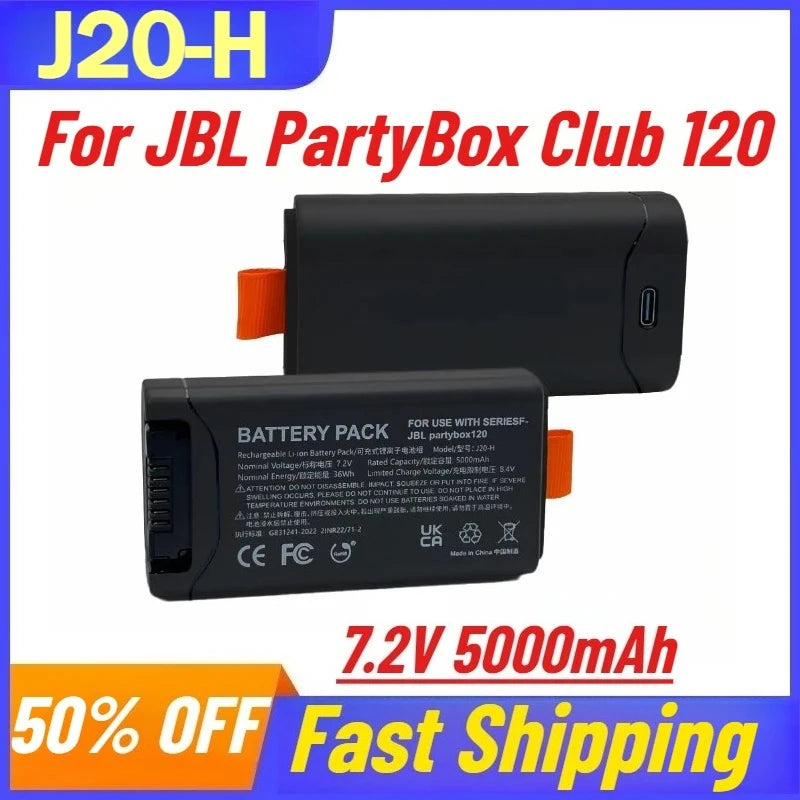 7.2V 5000mAh J20-H Bluetooth Speaker Battery for JBL PartyBox Club 120 Rechargeable Batteries with Type-C Interface