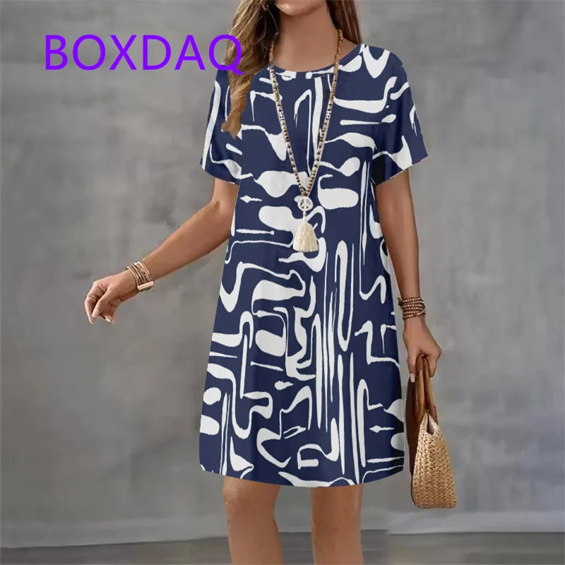 Fashion Trend 3D Imitation Denim Pattern Women's Dress New Summer Street Denim Flower Print Short Sleeve Loose Casual Mini Dress