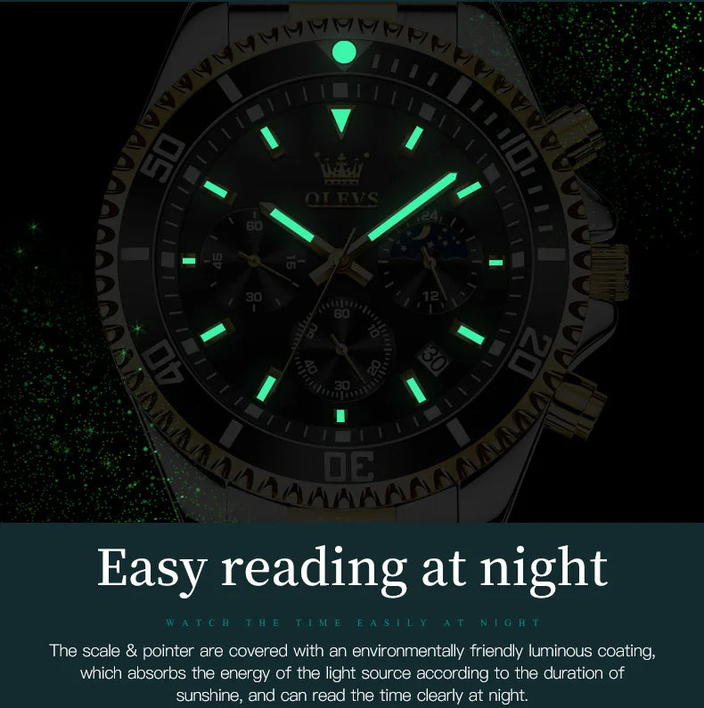 OLEVS 2870 Gold Men Watch Luxury Original Diving Series Men Watch Calendar Moon Phase Chronograph Sport Men Quartz Watch Gift