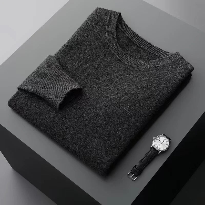 100% wool men's round neck solid color loose knit cashmere pullover for business and leisure, keeping warm in autumn and winter