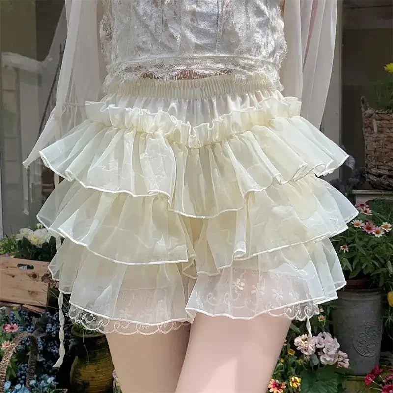 Coquette Y2K Fairy 00s Retro Kawaii Multi-layers Ruffles Bloomers Cutest Vintage Japanese Style Frill Lace Shorts Women Costume