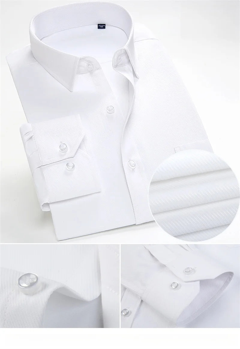Men's High Quality Dress Shirts Long Sleeve Slim Fit Solid Stripe Business Formal White Shirt Male Pocket Social Clothing 7XL