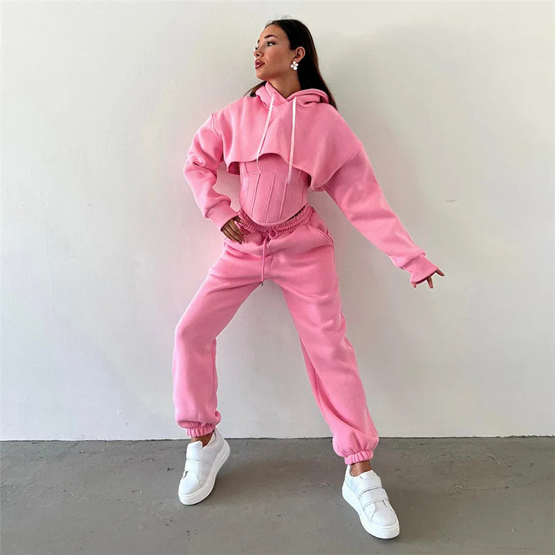 2026 Autumn and Winter New Women's Clothing Hooded Sweater Blouse Suspender Small Vest Waist Trousers Three-piece Women's