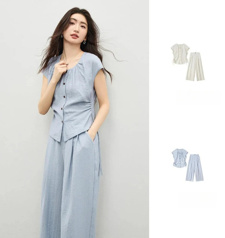 SENTUBILA Women's Office Set 2026 Summer New Blue Button Shirred Drawstring Slim Top Straight Pant 2 Piece Sets 162ZK6231