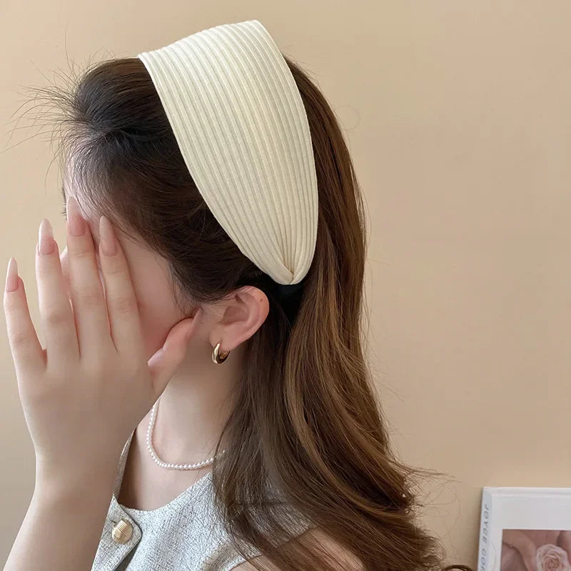 Solid Color Wide Edge Striped Yarn Headband High Head French Gentle Hair Accessory Popular Internet Celebrity Style