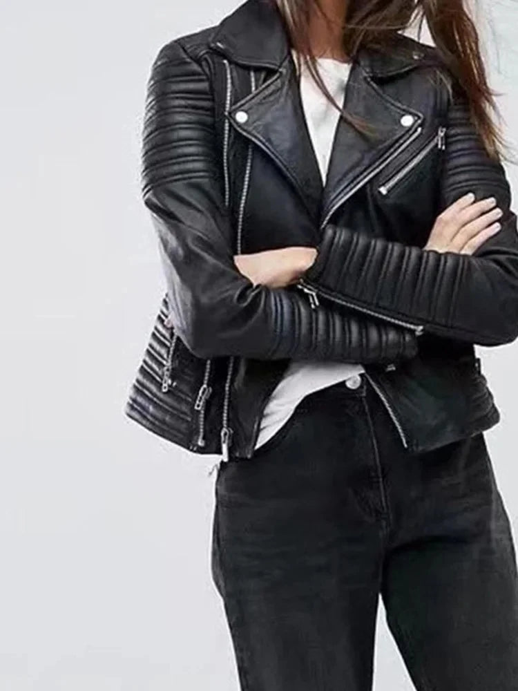 Vintage Women Leather jackets Faux Leather Moto Spring Bomber Jacket Two Zippers Drive Biker Coat PU Windbreak Outwear Autumn