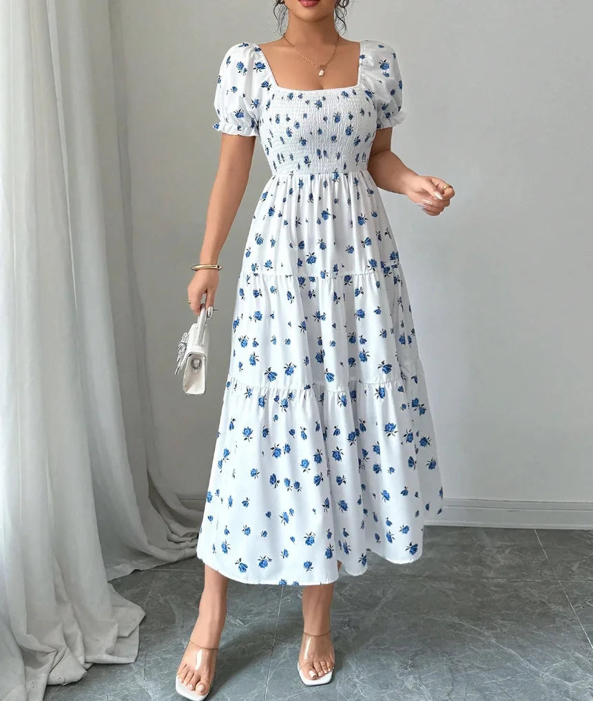 Spring and Autumn Women's Square Neck Short Sleeve Long Skirt Fresh Printed Casual Fashion Slight Backless Temperament Dress