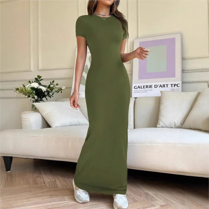 Short-sleeved Solid Color Slim Sexy Waisted Spring And Summer Temperament Dress Women's Round Neck Elegant Long Dress For Dinner