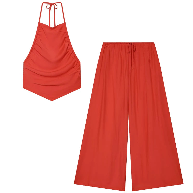 HXAO Red Ruffled Pants Sets Women's Suit Halter Crop Backless Sleeveless Top 2 Piece Set Chic High Waist Baggy Trousers Outfits