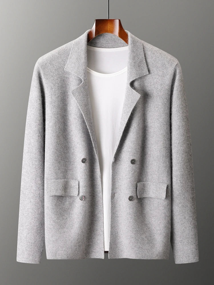 100% Merino Wool Sweater Men's Suit Collar Cardigan Smart Casual Knitwear Autumn Winter Cashmere Solid Coat Pockets Clothing Top