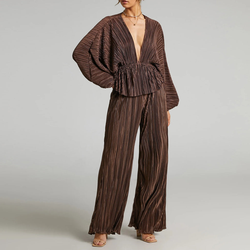 Women's Two Piece Set Deep V Neck Pleated Tops with Wide Leg Pants Stretchy Sexy Casual Outfit