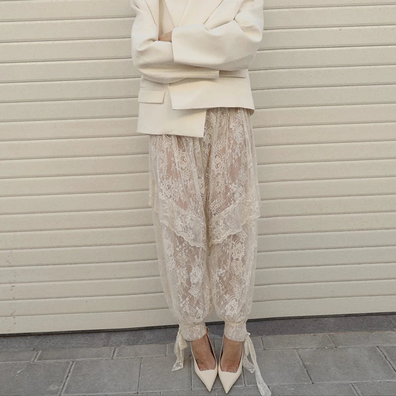Sheer Floral Lace Tie Balloon Trousers High Waist 2026 Spring/Autumn Elegant Women Bottoms Fashion Chic Holiday Versatile Pants