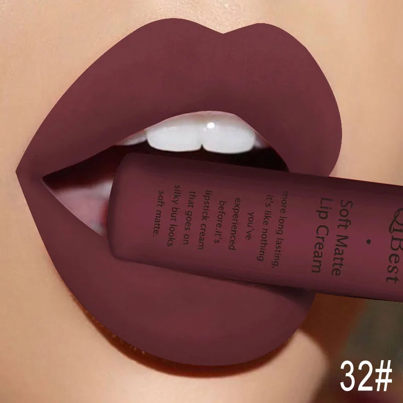 QIBEST Velvet Matte Nude Liquid Lipstick Makeup Sexy Red Lipgloss Waterproof Long-lasting Purple Black Orange Lip Stain Cosmetic