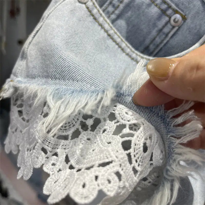 Light Blue Denim Shorts For Women High Waisted Raw Hem Lace Patchwork Petite Shorts Summer Casual Slim Fit Hot Pants