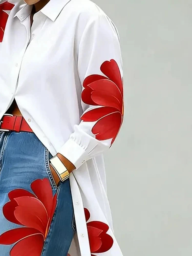 Women's Floral Print Long-sleeve Lapel Long Shirt Dress Elegant Streetwear Vintage Single Breasted Casual Maxi Shirt Dress