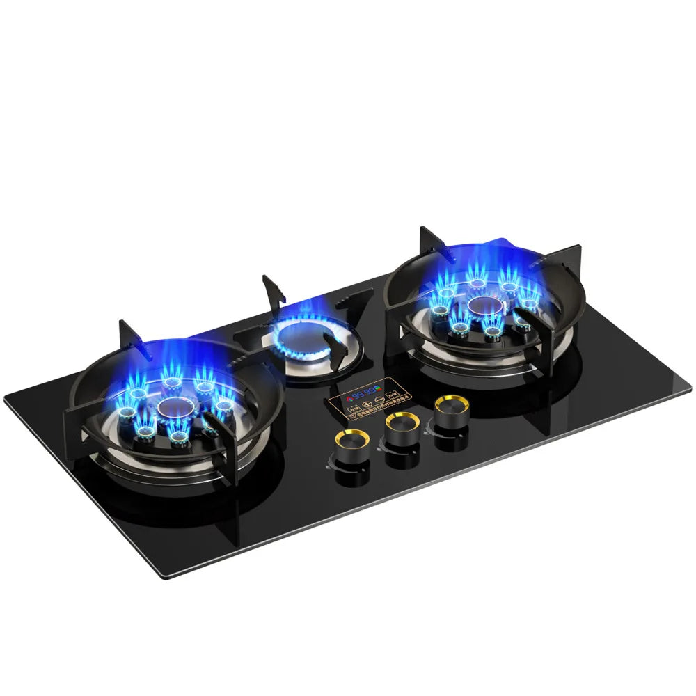 Happy Home 3-Burner Table Gas Cooktop Built-In Smart Tempered Glass Gas Stove for Household
