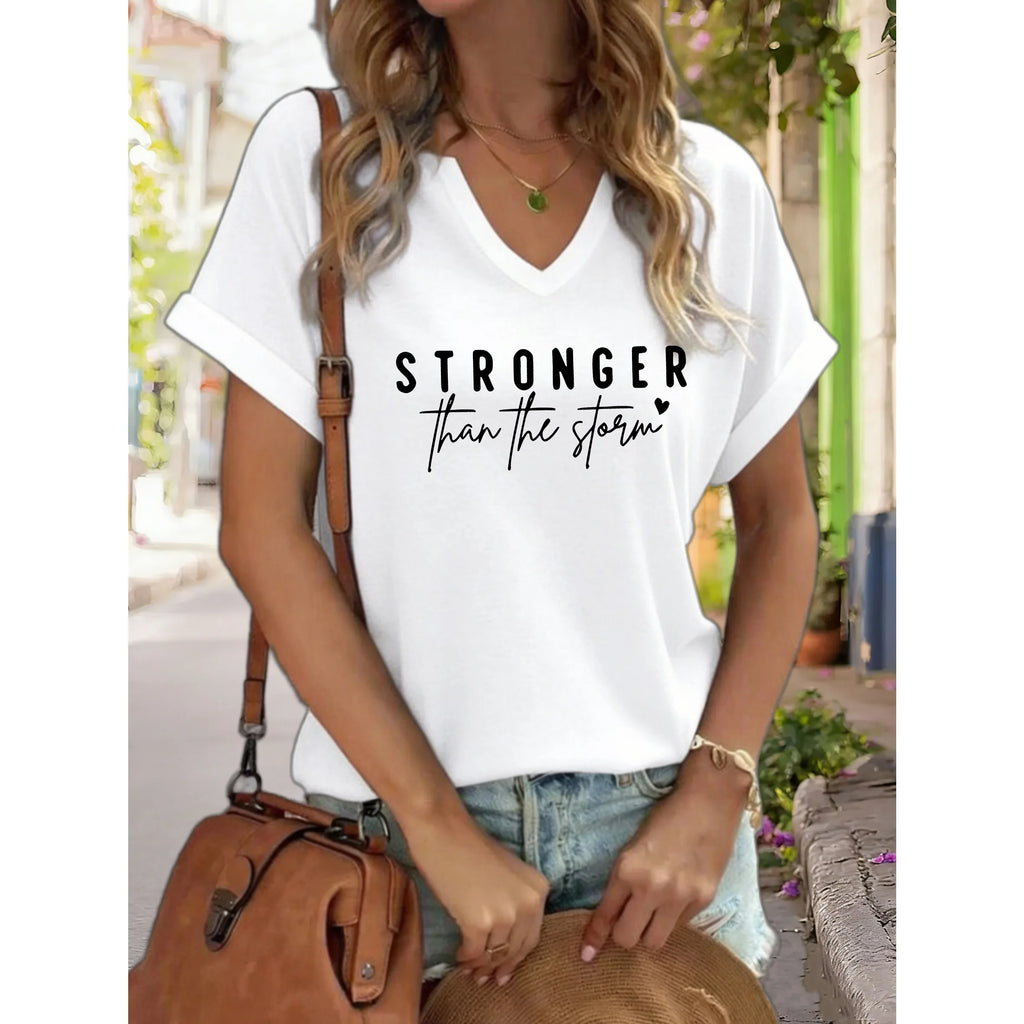 Women's V-Neck "Stronger Than The Storm" Graphic Tee, Inspirational Quote Print T-Shirt, Casual Short Sleeve Motivational Top