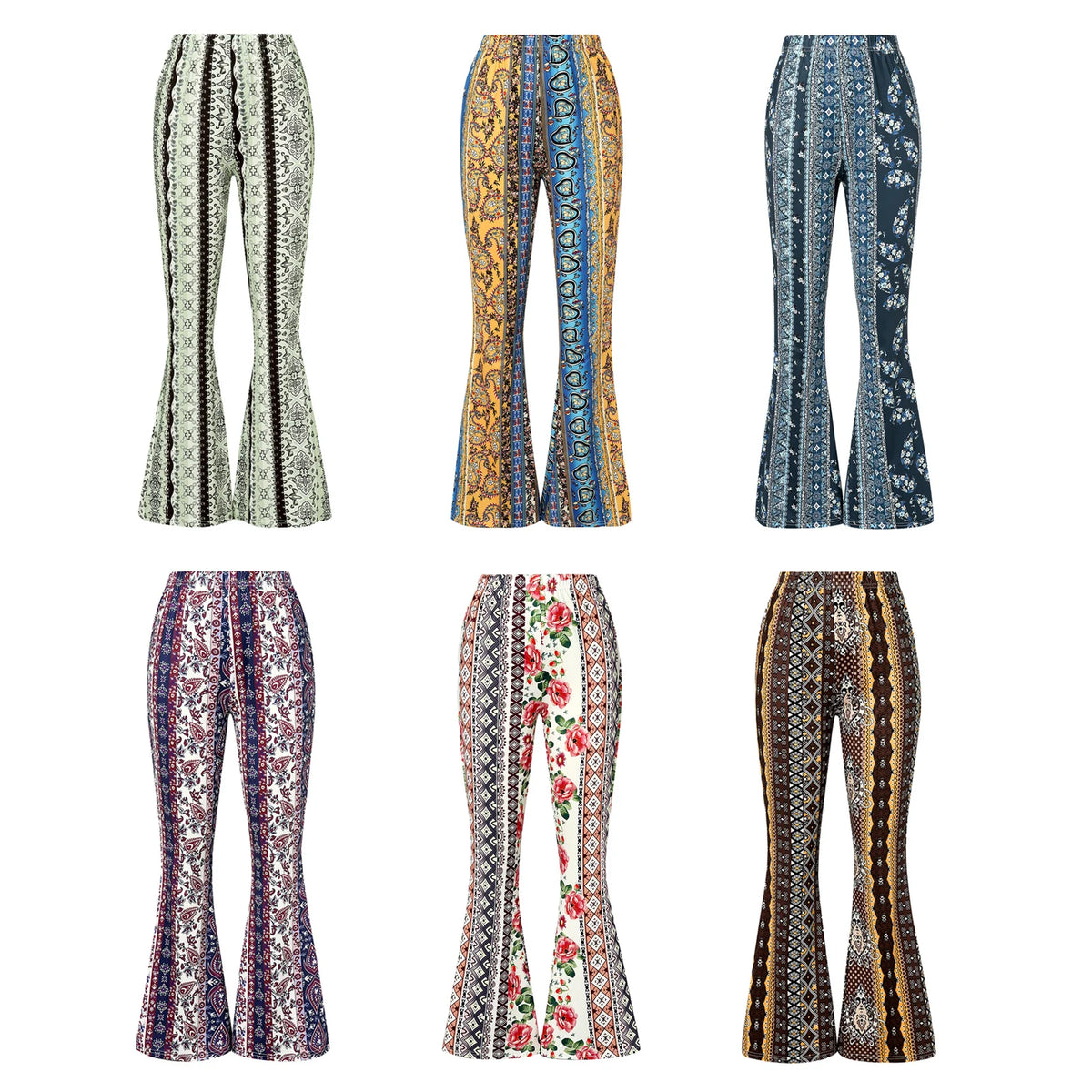 Women Spring Summer Floral Print Elastic Waist Flare Pants Casual High Waist Slimming Long Pants Trousers Leggings Streetwear