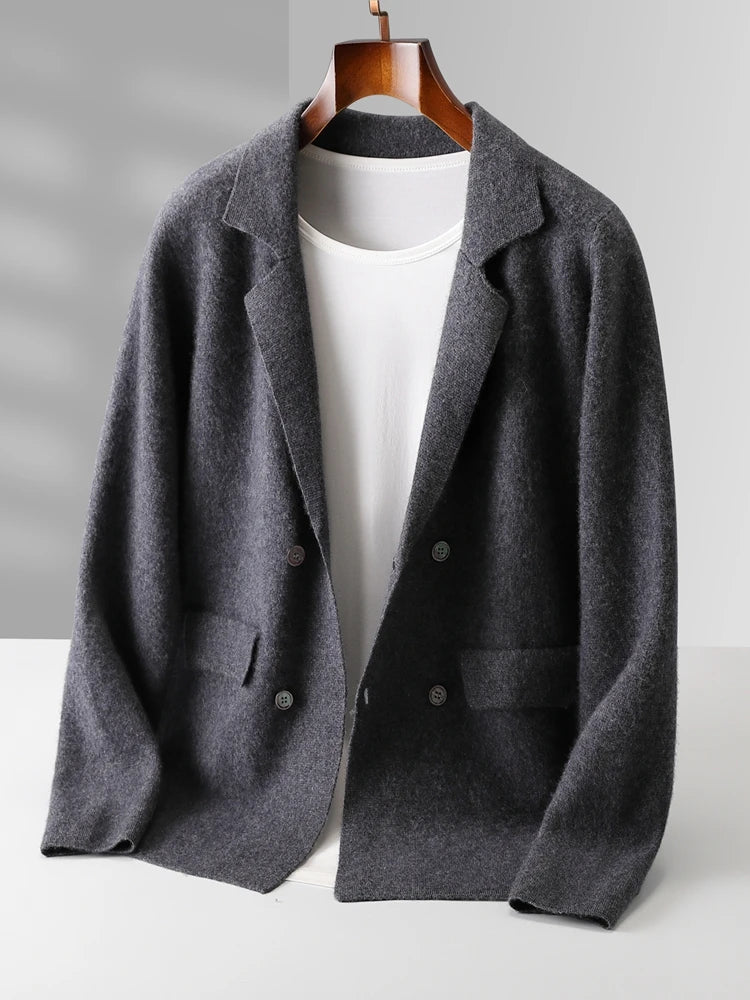 100% Merino Wool Sweater Men's Suit Collar Cardigan Smart Casual Knitwear Autumn Winter Cashmere Solid Coat Pockets Clothing Top