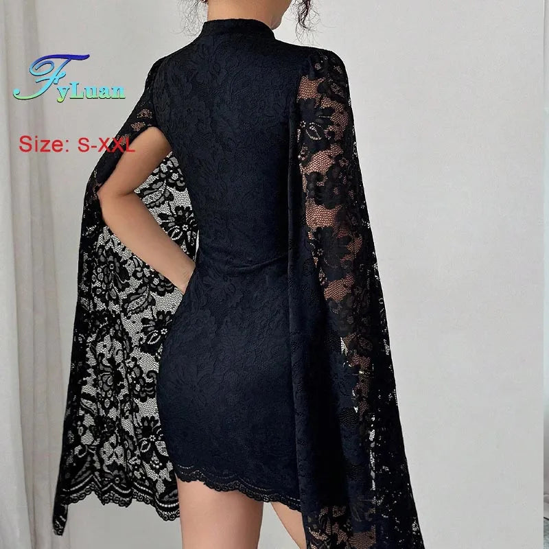 2025 New Women Mini Dress Fashion Lace Stand Collar Long Sleeves With Slits Bodycon Dress Sexy Nightclub Party Prom Slimmin Gown