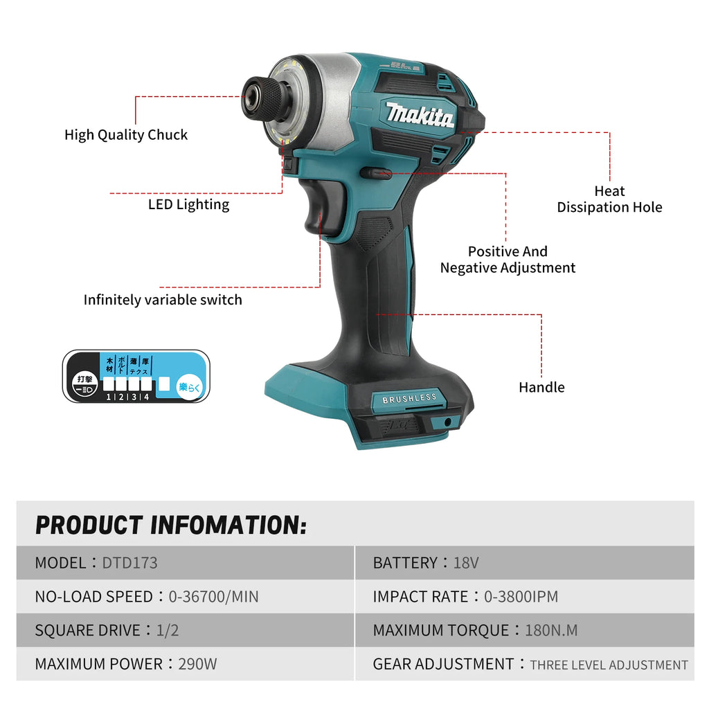 Makita 18V DTD173 Blue Brushless Drill Power Tool for Home Improvement and DIY 180Nm Electric Wood/Bolt/T-Mode