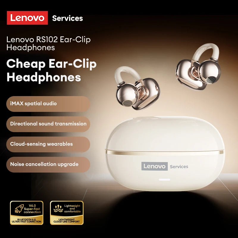 NEW Lenovo RS102 Open Ear Wireless Earphones Bluetooth 6.0 Clip On OWS Sports Headphones Ear Clip Earbuds Touch Control with Mic
