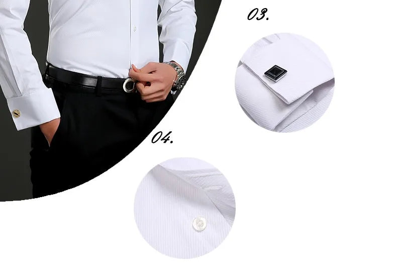 2025 Classic Regular Fit White French Cufflinks Men's Business Dress Long Sleeve Shirt Lapel Men Social Shirt