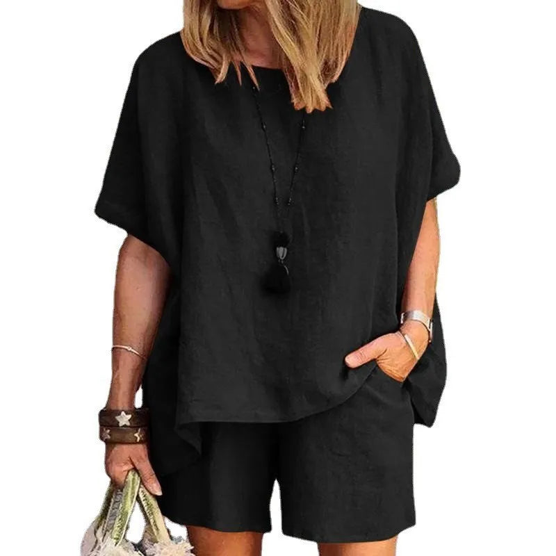 Ladies Shorts Suit Fashionable Summer Women's Elegant Solid Color Pullover Loose Cotton Linen Short Sleeved Shorts Two-piece Set