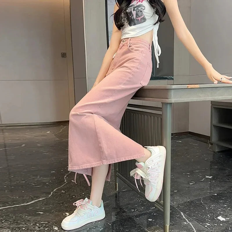New Summer Women's 100% Cotton Denim Shorts Pink High-waisted Slit Retro Elegant Fashionable Casual Denim Long Skirt Female