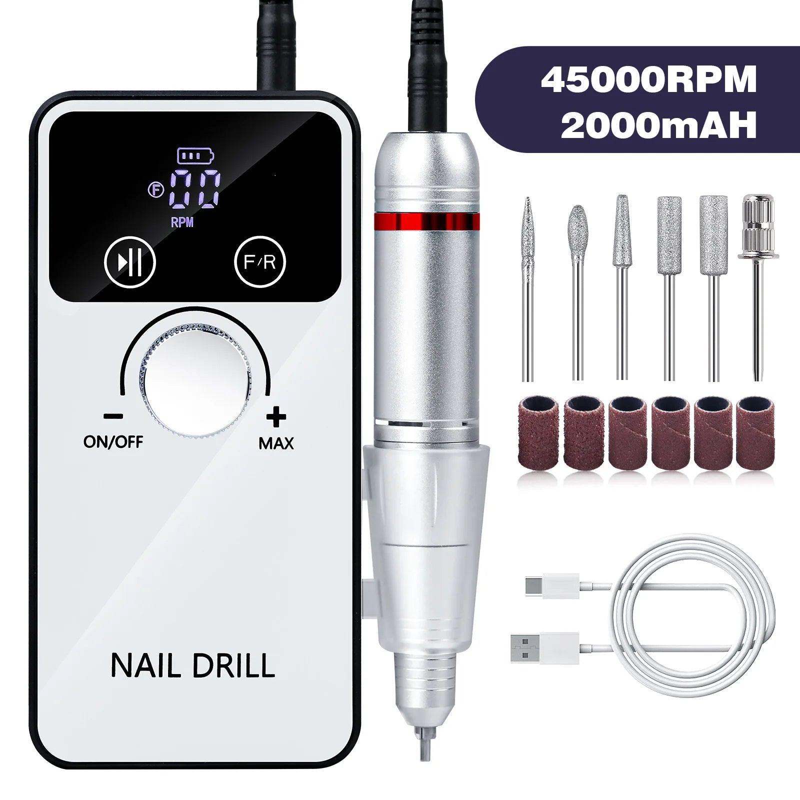 Professional Nail Drill Machine Set 45000RPM Rechargeable Portable Electric Nail File for Manicure Acrylic Gel Nails Salon Tools