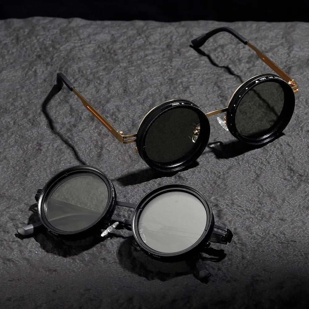 Driving Sunglasses Men Adjustable Sunglasses Round Frame Steampunk Sun glasses Color-changing ND 9 Polarized Lenses Sun Glasses