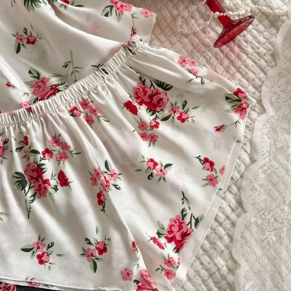 Satin Ice Silk Women's Printed Pajamas Set Lace-Trimmed V-Neck Floral Printed Ice Silk Suspender Sleepwear Sleeveless