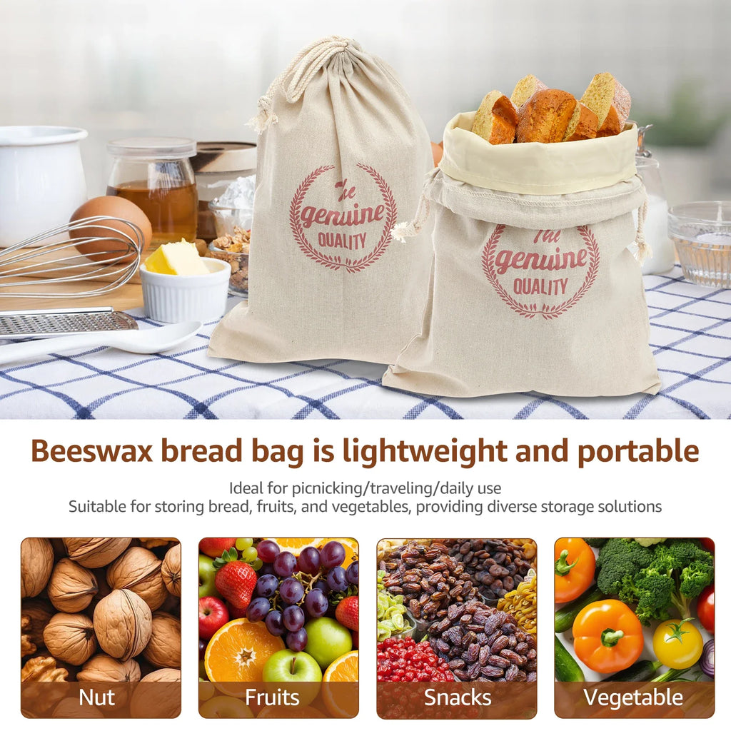 2 Pcs Bread Bag Reusable Cotton and Beeswax Sourdough Bag Multifunctional Portable Bread Sack for Home Picnic Traveling Daily