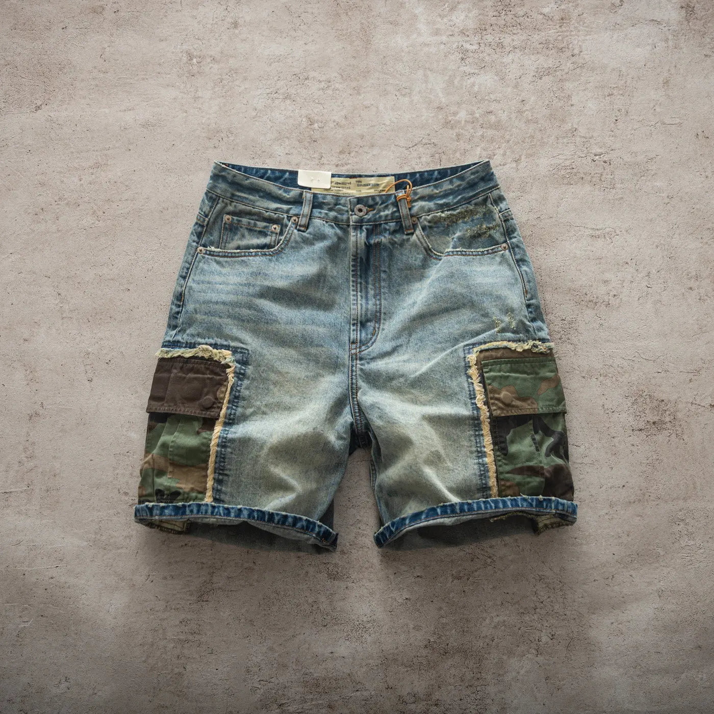 Summer New American Retro Camouflage Patch Pocket Denim Shorts Men's Fashion 88% Cotton Washed Old Straight Casual 5-point Pants