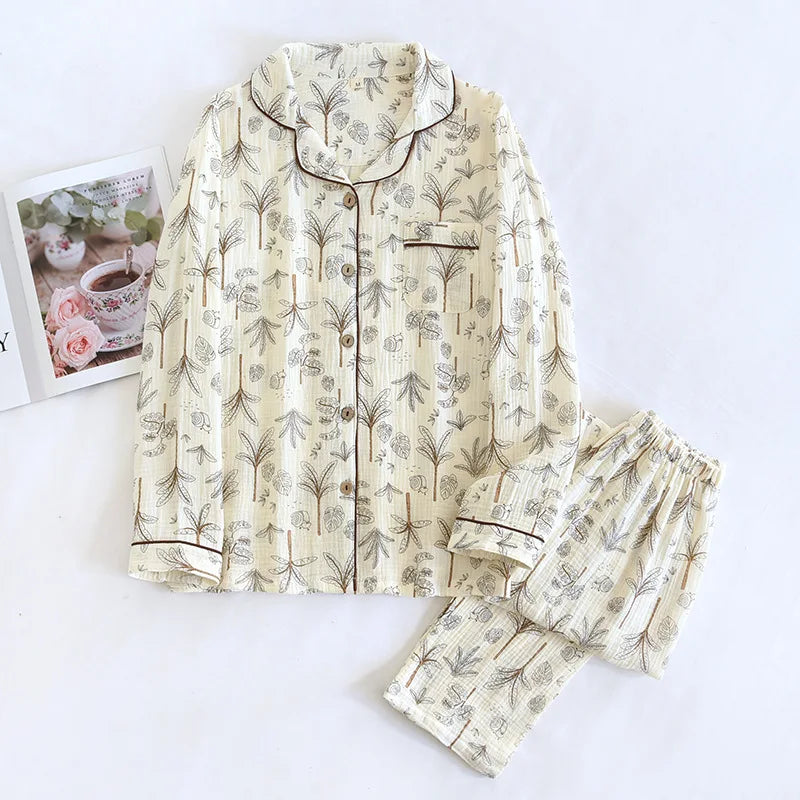 2026 Spring and Autumn Women's Pajama Set 100% Cotton Crepe Long sleeved Pants Two piece Cute and Sweet Home Fury Set Ladies
