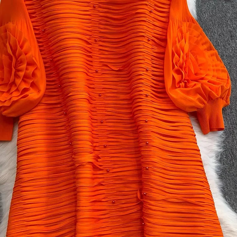 ANLAN Luxury Beading Hollow Out Tassels Pleated Miyake Dresses Women 3D Flower Splice Lantern Sleeve Loose Party Dress 2025 N