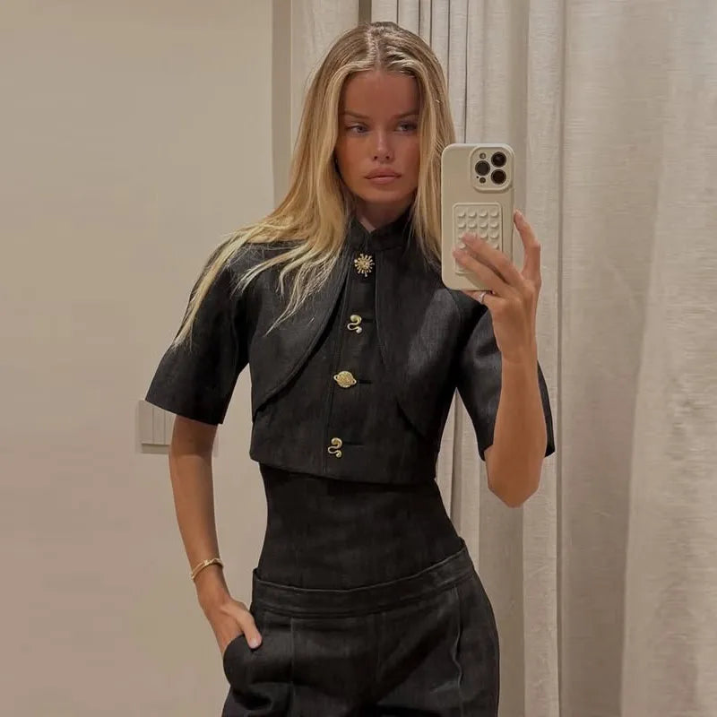 Street Denim Top Pants Women Set Short Sleeve Stand Collar Coats Wide Leg Trousers 2026 Summer Autumn 2 Pieces Set Women New