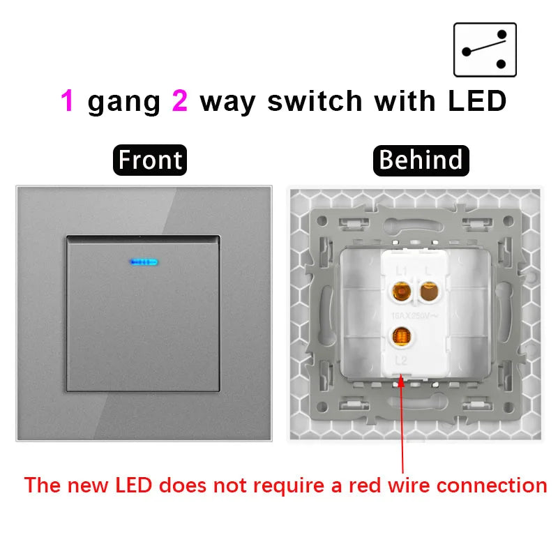 NYWP Luxury Crystal Tempered Glass Panel 1 Gang 2 Way Light Switch On / Off Wall Switch With LED Indicator 16A AC 250V