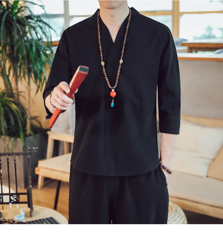 Summer Kimono Japanese Style Short Sleeve Men New Half-sleeved Cotton Linen Breathable Men Clothing T-shirt Japanese Yukata Tops