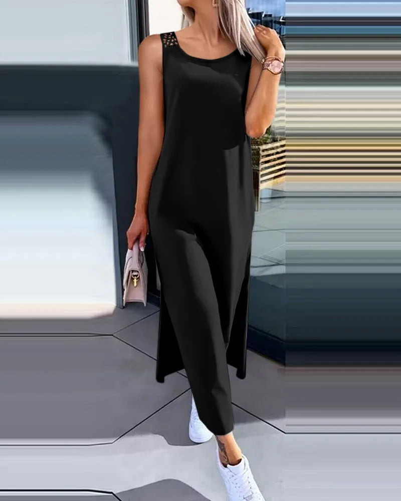 Summer Casual Temperament Fashionable Slim Fit Solid Color Round Neck A-line Skirt Lace Lace Lace Back Sleeveless Slit Dress