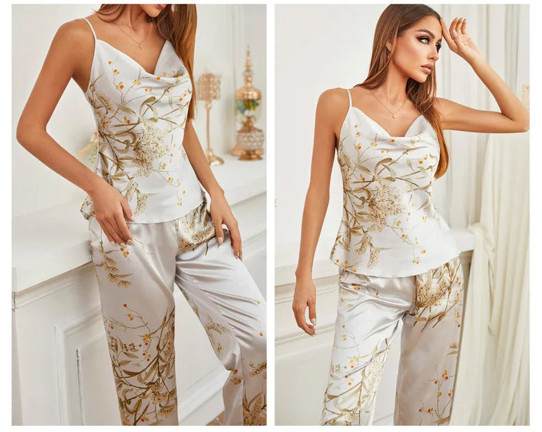 Women 4PCS Pajamas Kimono Bathrobe Nightgown Print Cherry Flower Trouser Suit Sleepwear Loose Satin Home Wear Pyjama Pour Femme