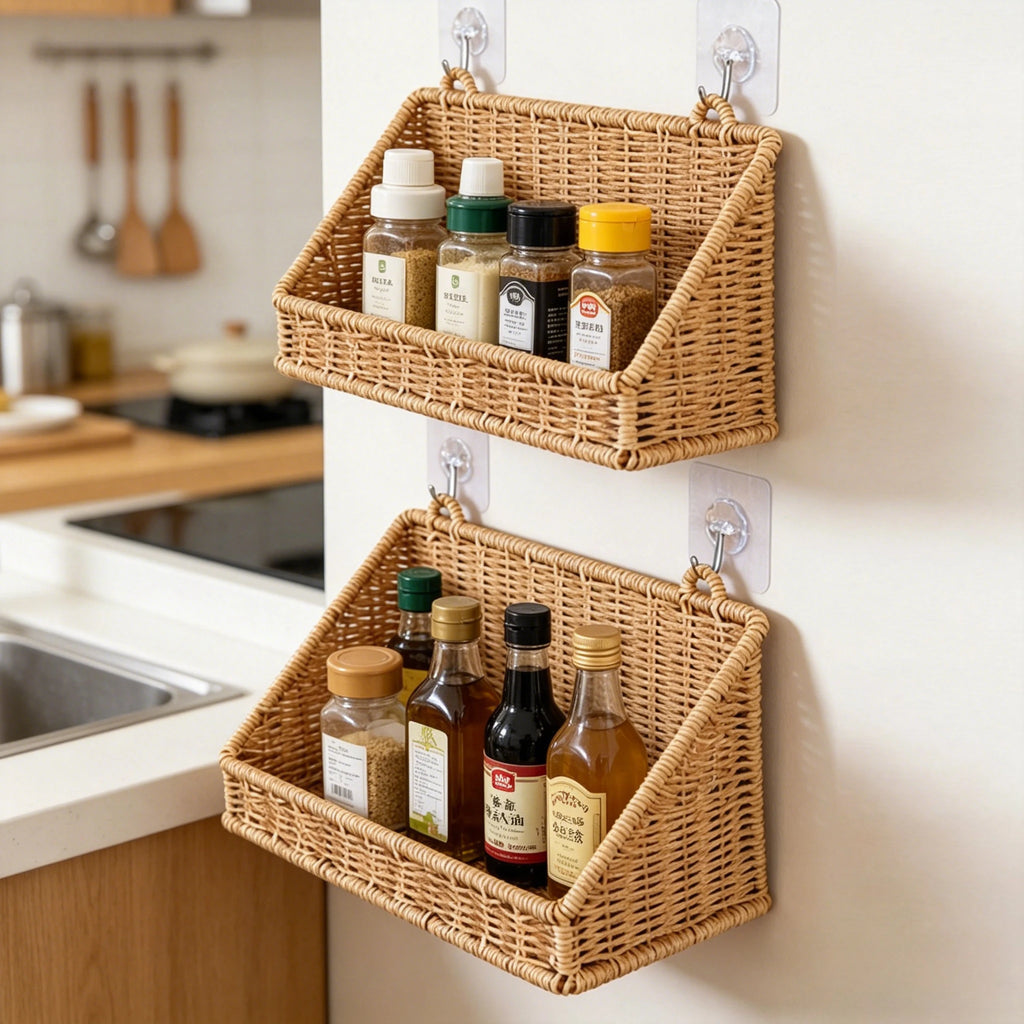Woven Imitation Rattan Wall Mounted Storage Basket Slanted Shelf Organizer for Kitchen Living Room Bathroom Bedroom Balcony