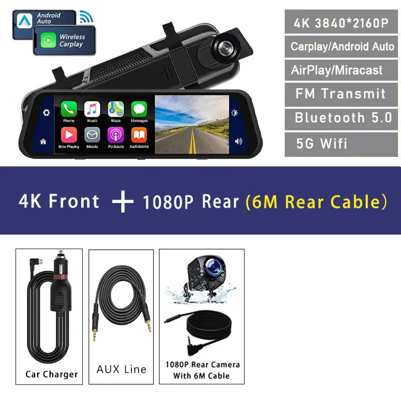 4K 3840*2160P Dash Cam Carplay Android-Auto Car DVR Dual Len 5G Wifi GPS BT FM Video Drive Recorder Stream Mirror Dashcam Camera