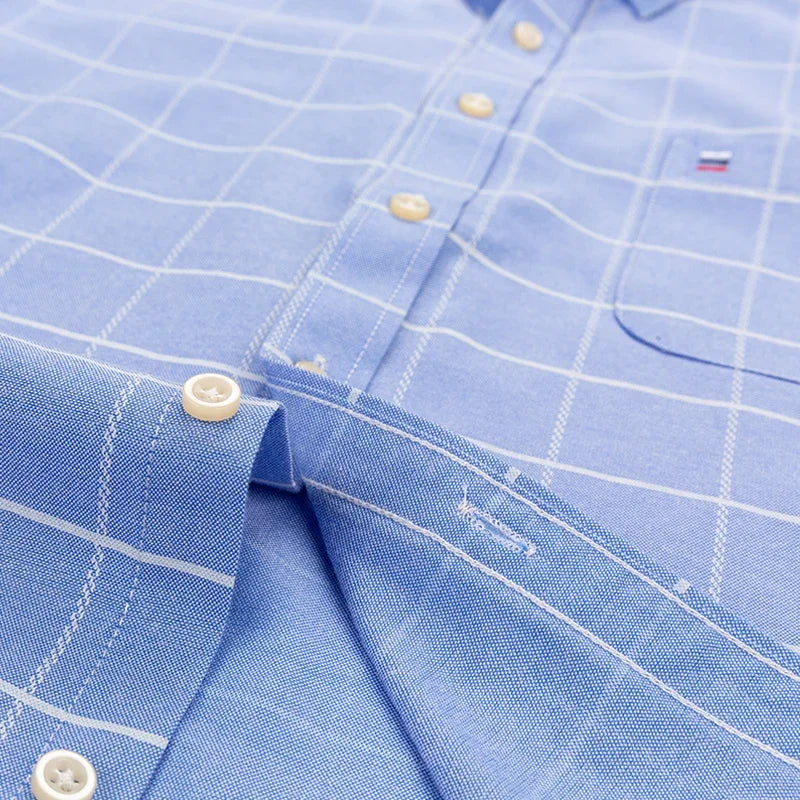 2025 100% Pure Cotton Men's Oxford Short Sleeve Square Collar Soild Plaid Striped Summer Casual Shirts Single Pocket  Shirt