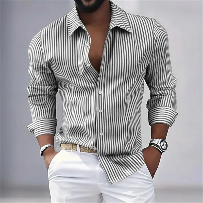 Men's striped button-down long-sleeved shirt, spring and autumn style, available in blue, pink, purple, brown, and green.