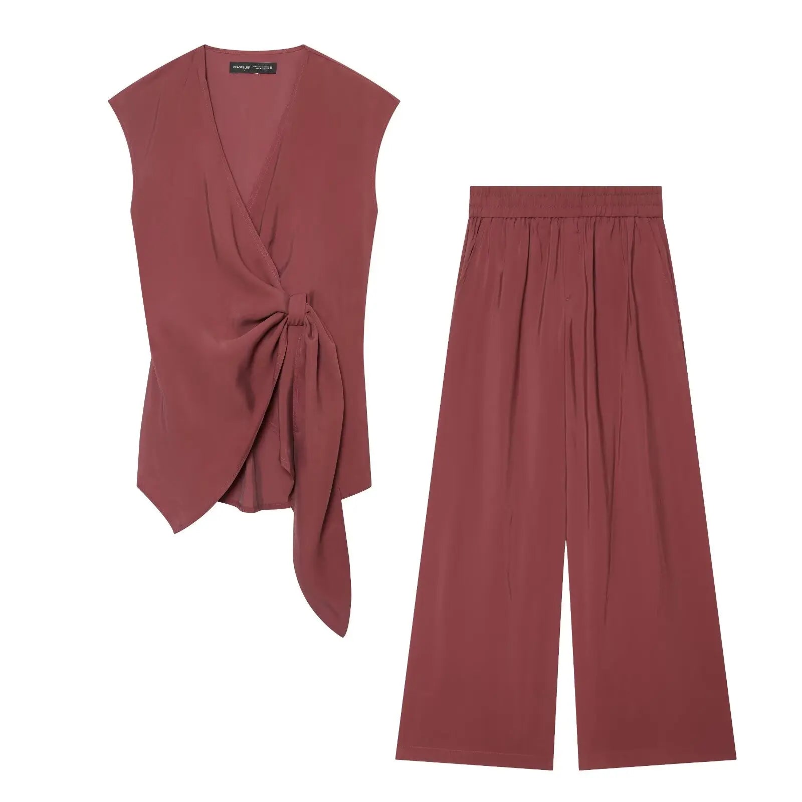 BSAY 2026 Women's Two Piece Set V-Neck Sleeveless Wrap Top With Bow Tie Elastic Waist Wide Leg Pants Elegant Solid Color Outfit