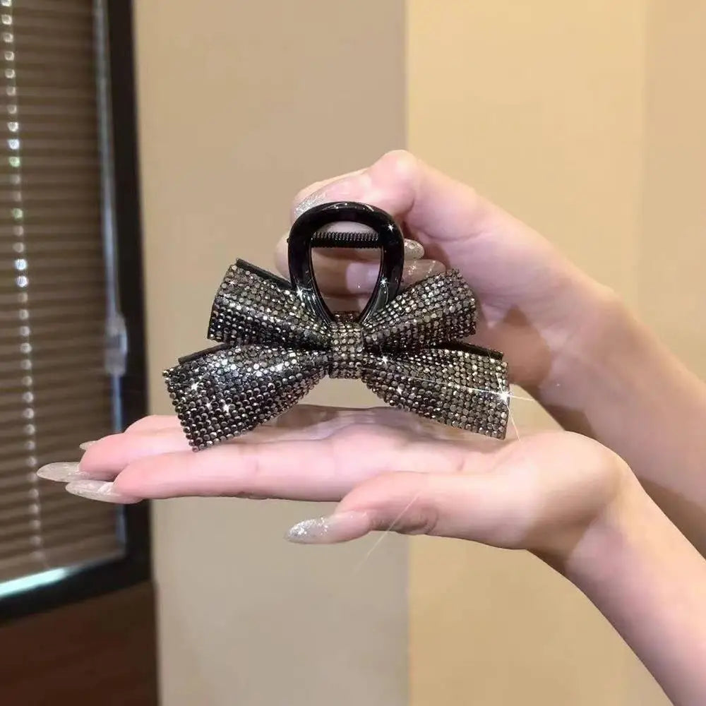 New Bow Hair Clip Simple Elegant Romantic Full Diamond Bow 8CM High Ponytail Shark Clip Hair Accessories Diamond Bow Headwear