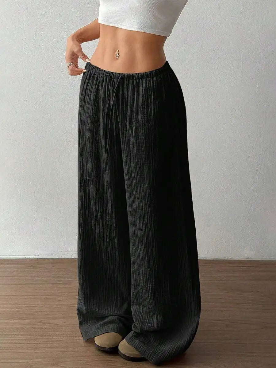 Women's Elegant Versatile Elastic Waist Comfortable Casual Pant Slightly Elastic Simple Solid Color High Waist Wide-leg Pants