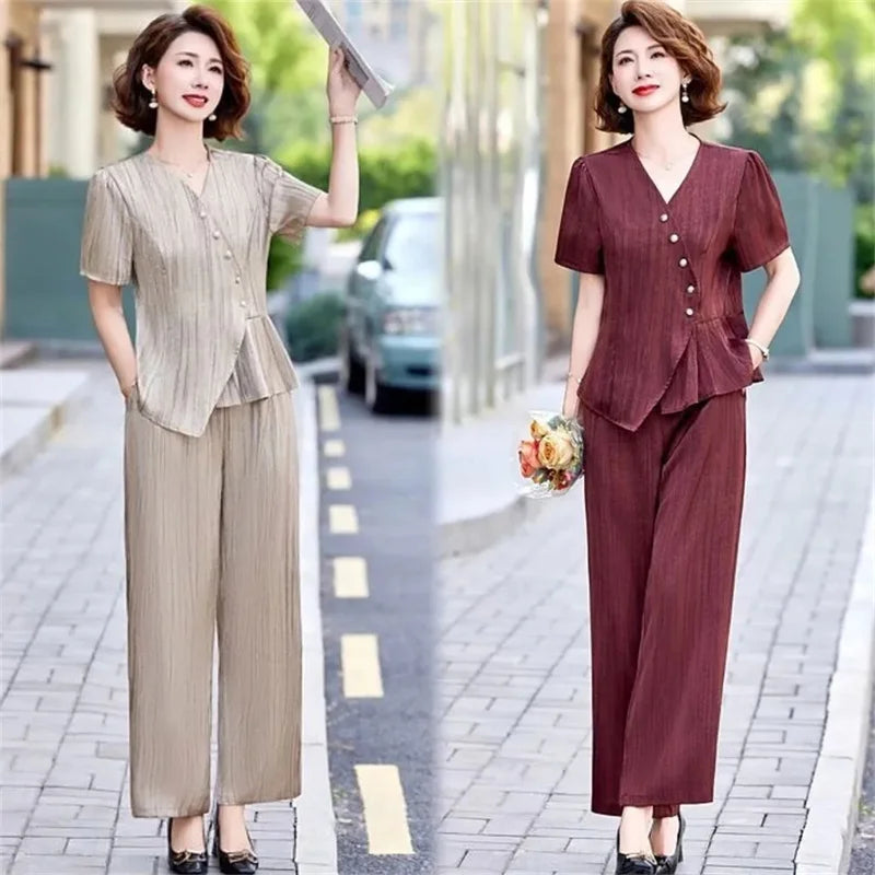 2025 Female Fashion Short Sleeve 2PCS French Women New Two-piece Set Summer Middle Aged Mother Solid Color Wide Leg Pants Outfit